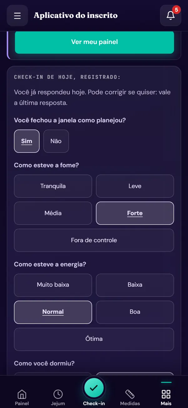 Tela da ferramenta check-in diário no aplicativo do desafio