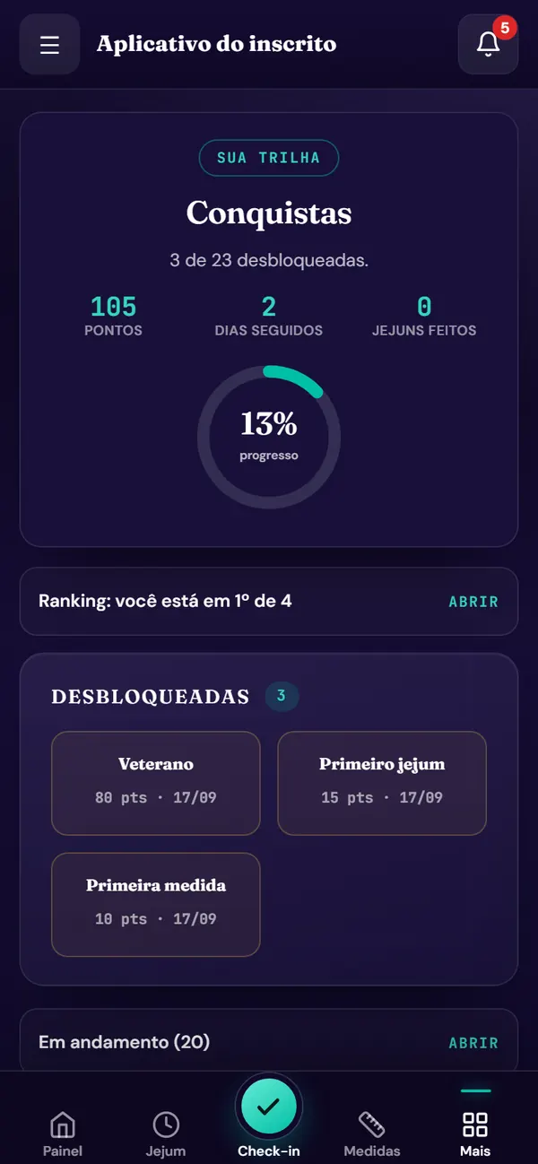 Tela da ferramenta conquistas no aplicativo do desafio