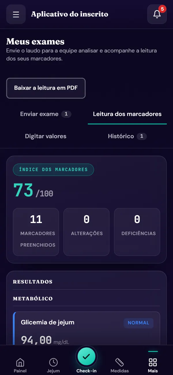 Tela da ferramenta exames e suplementação no aplicativo do desafio