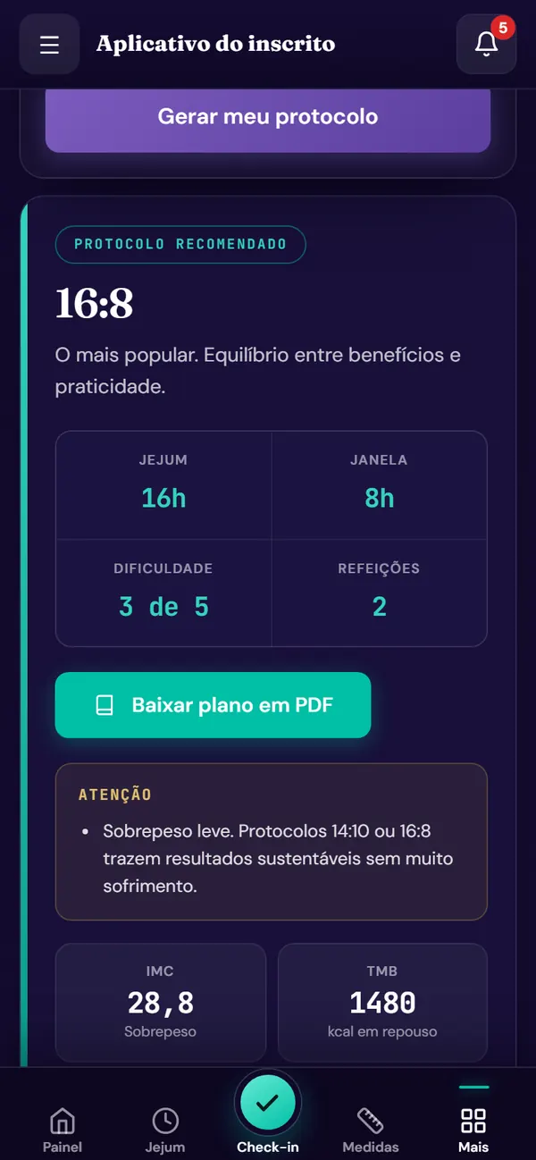Tela da ferramenta gerador de jejum no aplicativo do desafio