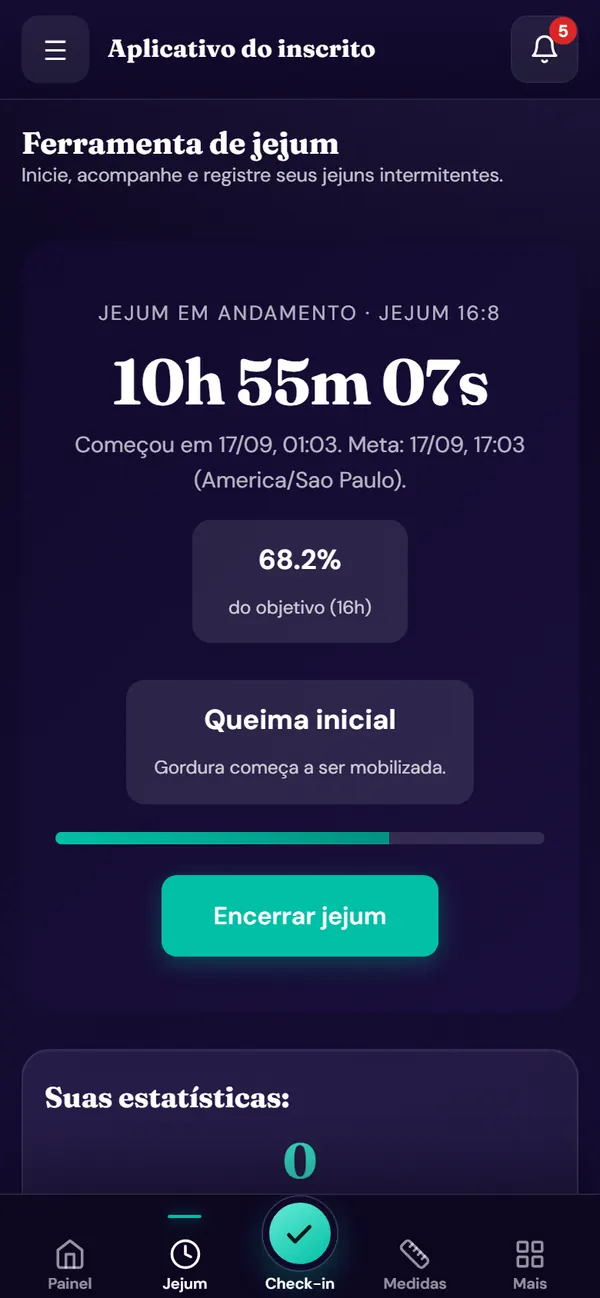 Tela da ferramenta jejum no aplicativo do desafio