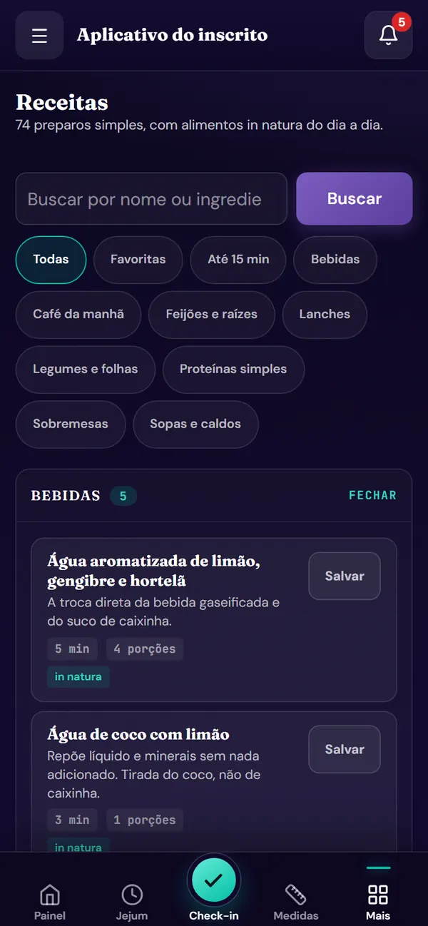 Tela da ferramenta receitas, cardápio e lista no aplicativo do desafio
